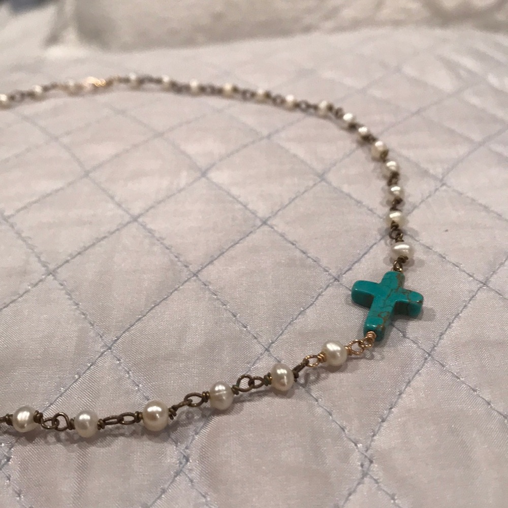 Pearl and Turquoise Cross Short Necklace